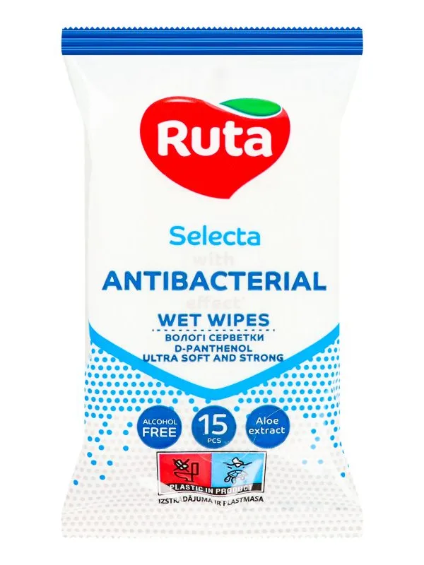 Prece Salvetes mitrās Ruta Selecta ar antibakteriālu efektu 15gab. Attēls